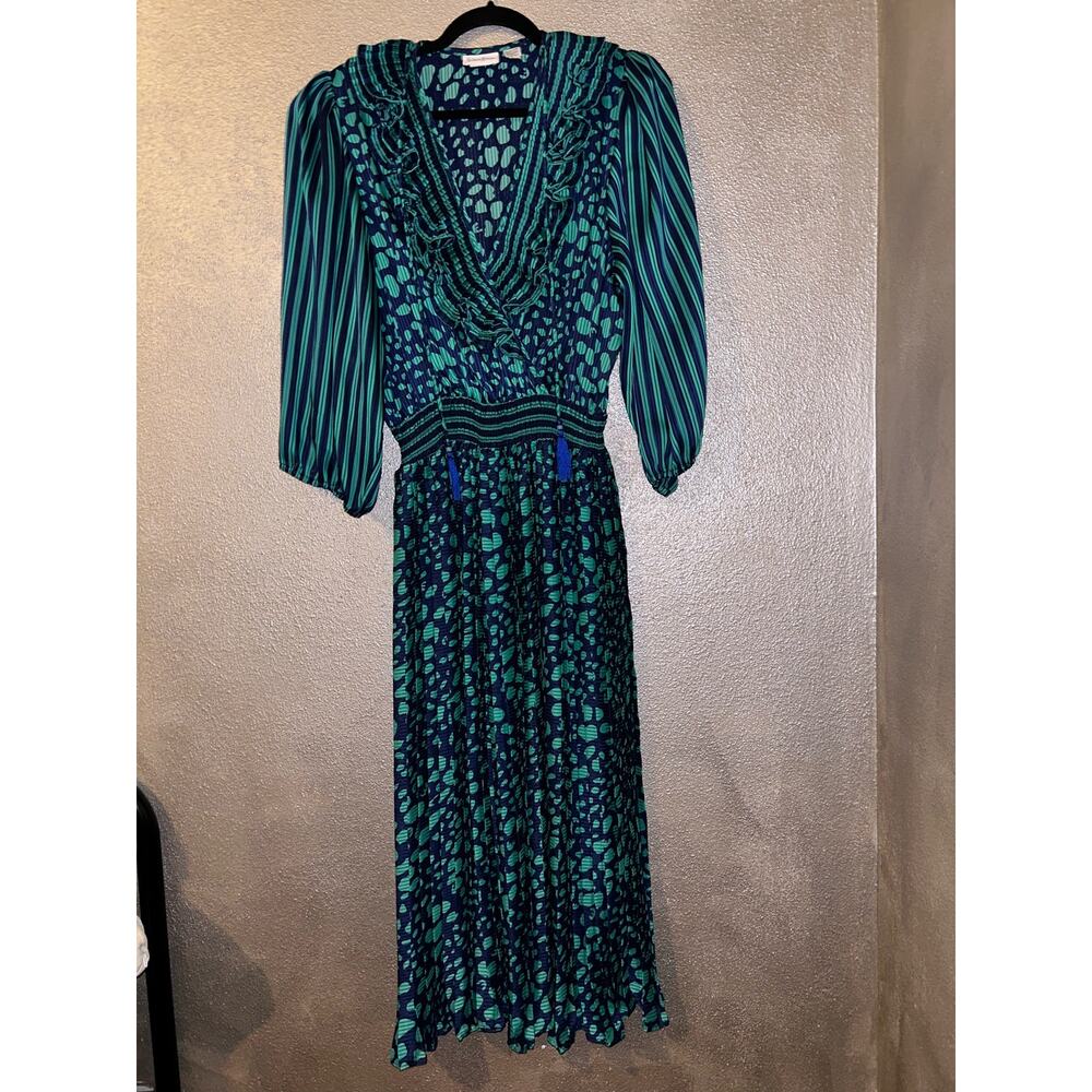 Neiman Marcus Vintage Preppy Academia Blue Green Pleated Ruffle Tassel Dress